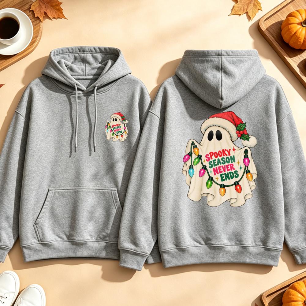 Women Hoodie Spooky Season Never Ends Ghost Christmas Lights Santa Hat Funny Graphic Pullover Sweatshirt Casual Halloween Top