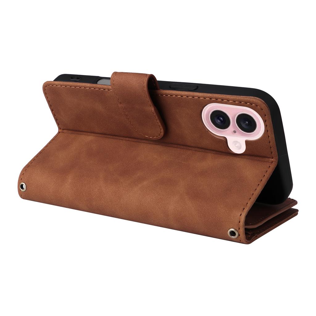 For iPhone 17 Case Zipper Wallet Multiple Card Slots Leather Phone Cover with Wrist Strap