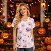 Damen V-Ausschnitt Kurzarm Kasack mit Taschen Halloween-Print Pflegekraft Uniform