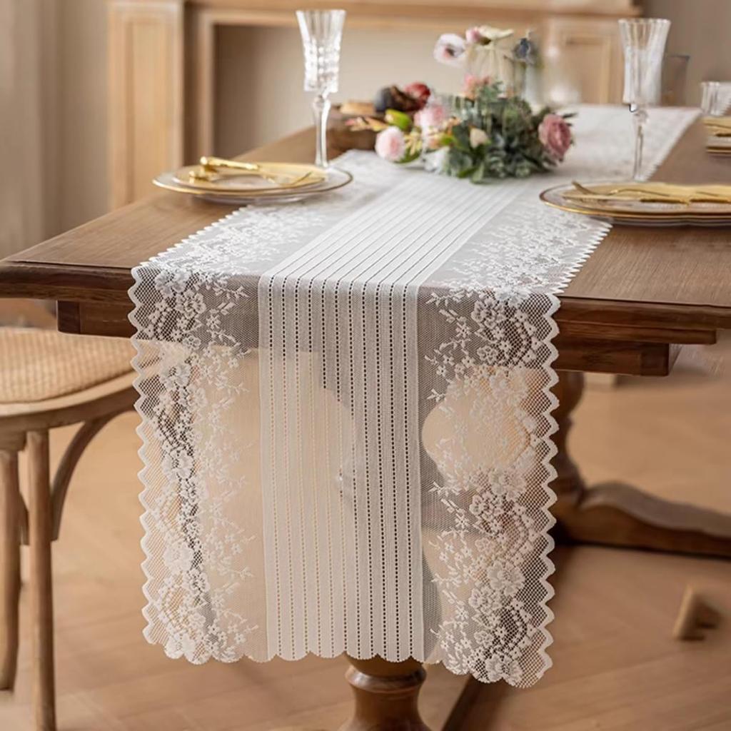 Lace Table Runners Rustic Boho Cloth Vintage Romantic Lace Tablecloth Striped and Floral Design for Wedding Kitchen Party Decor