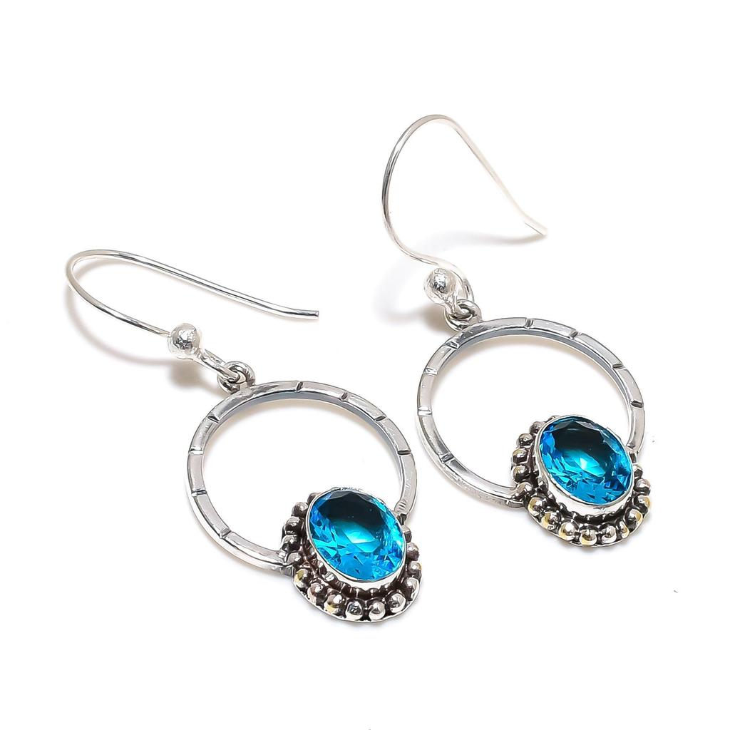 Swiss Blue Topaz Gemstone Earrings, 925 Sterling Silver Earring, Handmade Boho Silver Jewelry Dangle Earrings, Party Wear Gifts