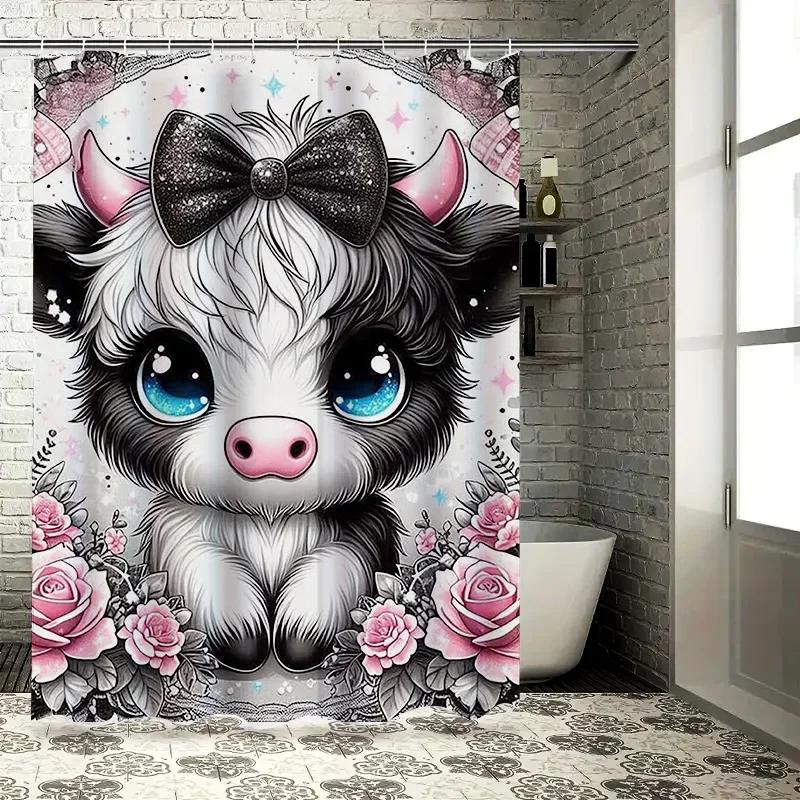 Cute Cow with Bow and Flowers Waterproof Shower Curtain Heat Resistant Machine Washable Non-Transparent 180x180cm W90xH180cm