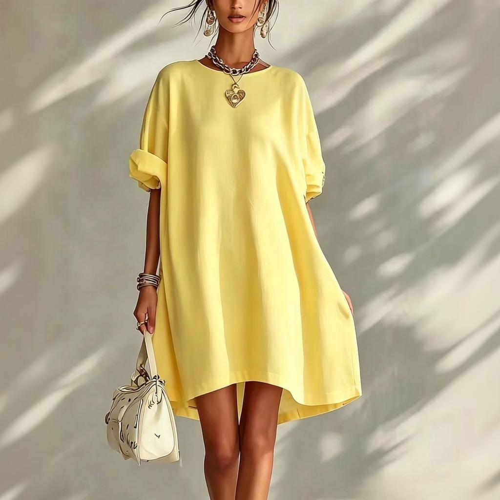 Women’s Loose Fit Casual Solid Crew Neck Dress Relaxed Short Sleeve Style Comfortable Wear