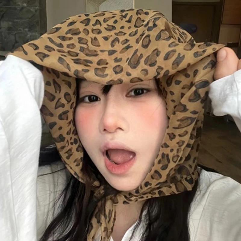 Vintage Leopard Print Headscarf Satin Thin Edge Small Square Scarfs Head Band Women Y2K Spicy Girl Neckerchief Hair Accessories