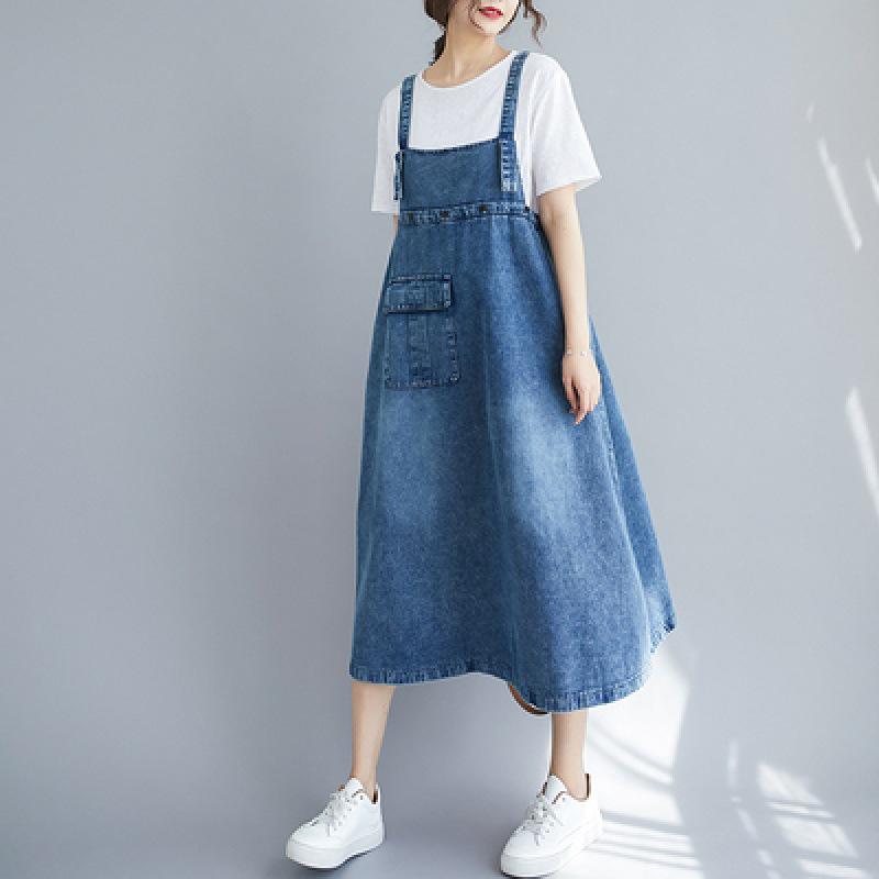 

2024 Korean Style Mid-Length Denim Overalls Dress - Spring/Summer, Wide Hem, Solid Color #1252 One Size синий