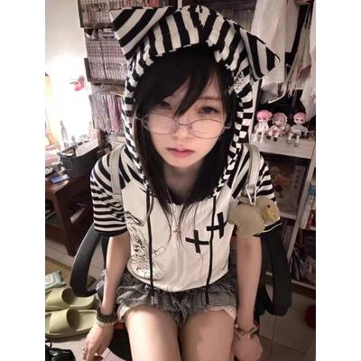 Kawaii Stripes Patchwork T Shirts Women Japanese Fashion Harajuku Cute Cartoon Print Zipper Hooded Loose Tees Tops 2024