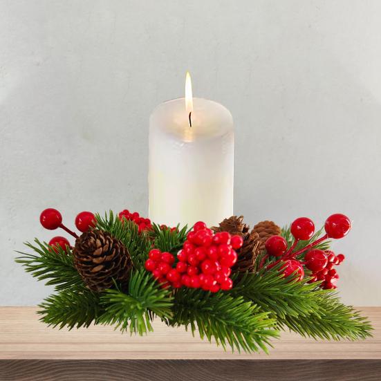 Christmas Candle Ring Wreath Artificial Red Berry Pinecone Pine Needles Candle Wreaths Small Tabletop Candle Holder for Home Party Fireplace Decor
