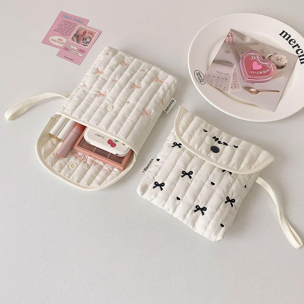 Menstruation Towel Storage Embroidery Cherry Cosmetic Bag Bowknot Bow Makeup Bag  Girls