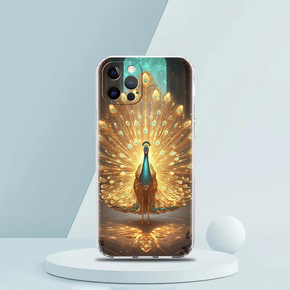 Soft TPU Transparent Phone Case Cover for iPhone 16 15 14 13 12 11 Pro Max XR 8 7 Plus XR Shell Animal Cute Peacock Pattern Bags