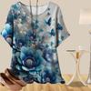 Camisa feminina casual solta de primavera, manga curta, estampa de borboletas, flores, folhas e gotas d'água