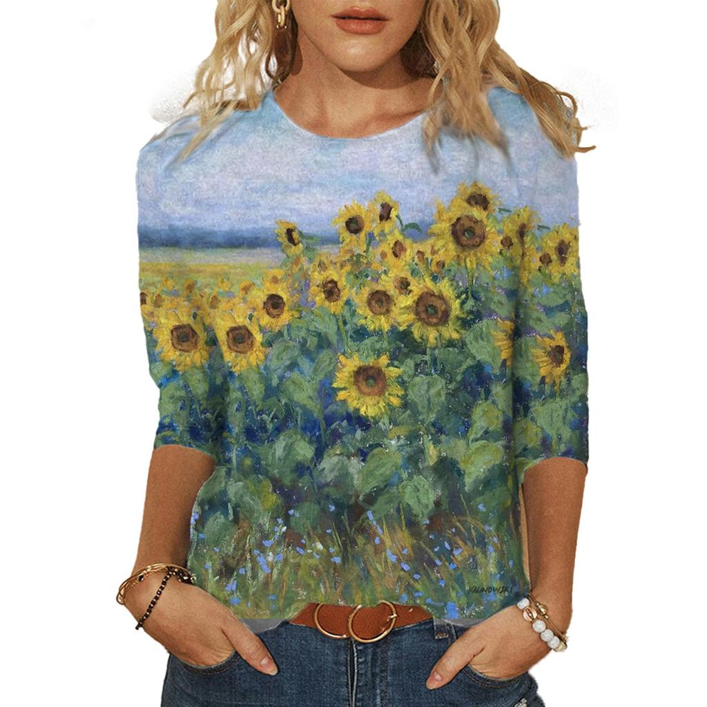 Fashion Women's Spring Printed Mid-length Sleeves Crew-Neck  Casual Tee Tops
