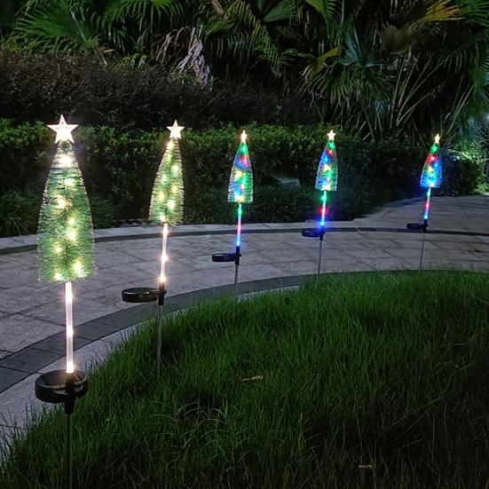 Solar Powered Christmas Tree Lights Outdoor Waterproof LED Lawn Lights with Star Topper Colorful Holiday Garden Decoration for Yard Patio