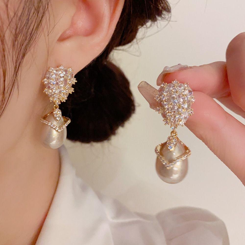 Classic Pearl Drop Earrings Shiny Champagne Pearl Zircon Earrings  For Women