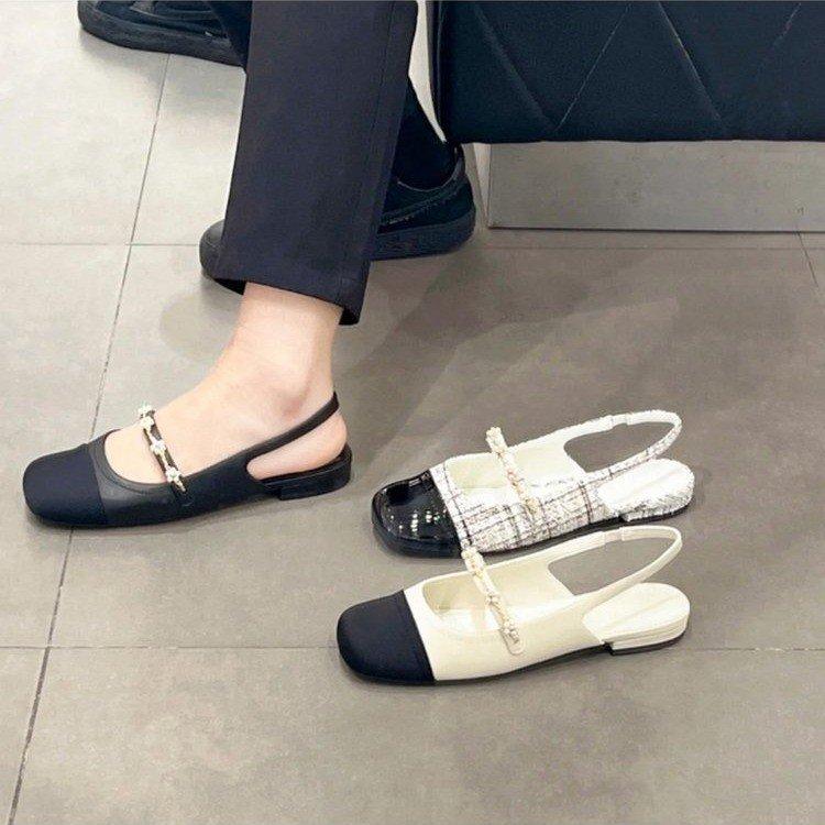 Baotou sandals women's summer wear French one-word belt flat-soled single shoes color matching small fragrant Mary Jane shoes