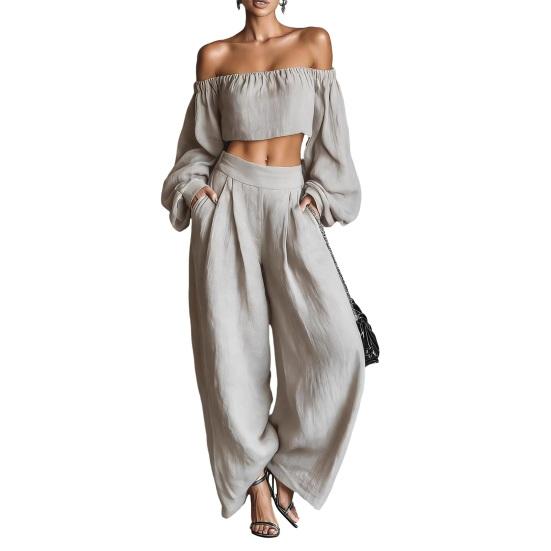 

Two Piece Sets for Women Long Sleeve Off Shoulder Crop Top Wide Leg Pants Set Summer Vacation Going Out Outfits M серый