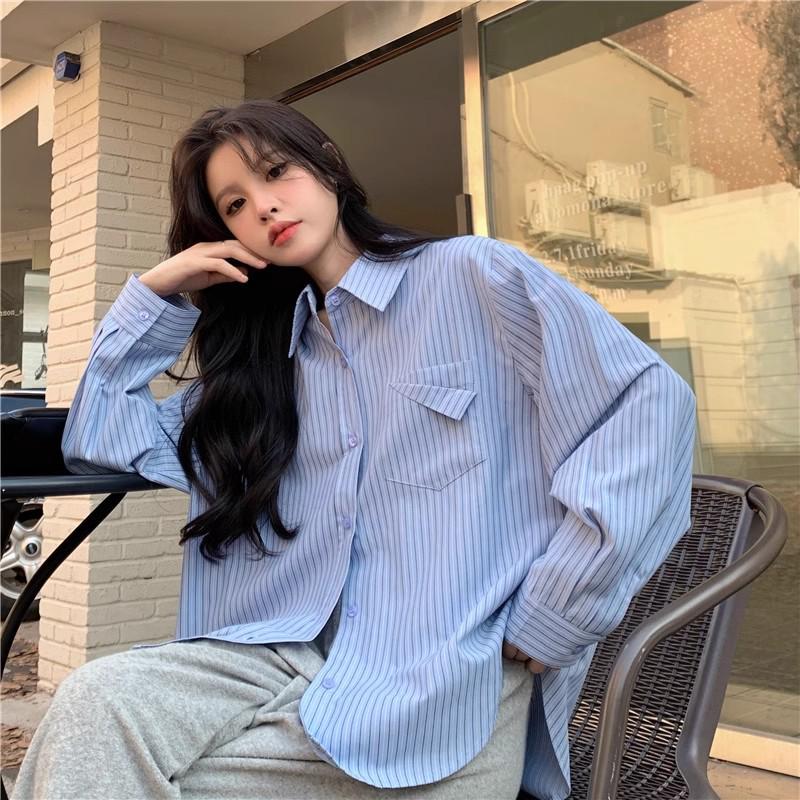 2026 Autumn Women's Korean Blue Striped Long Sleeve Versatile Casual Shirt
