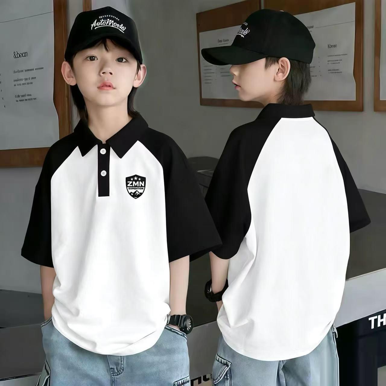 Summer Boys Cotton Colorblock Polo Shirt Medium Large Kids Trendy Short Sleeve Top 90