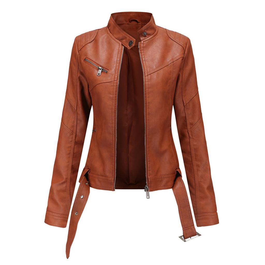 Women's Slim Leather Stand-Up Collar Zipper Stitching Solid Color Jacket