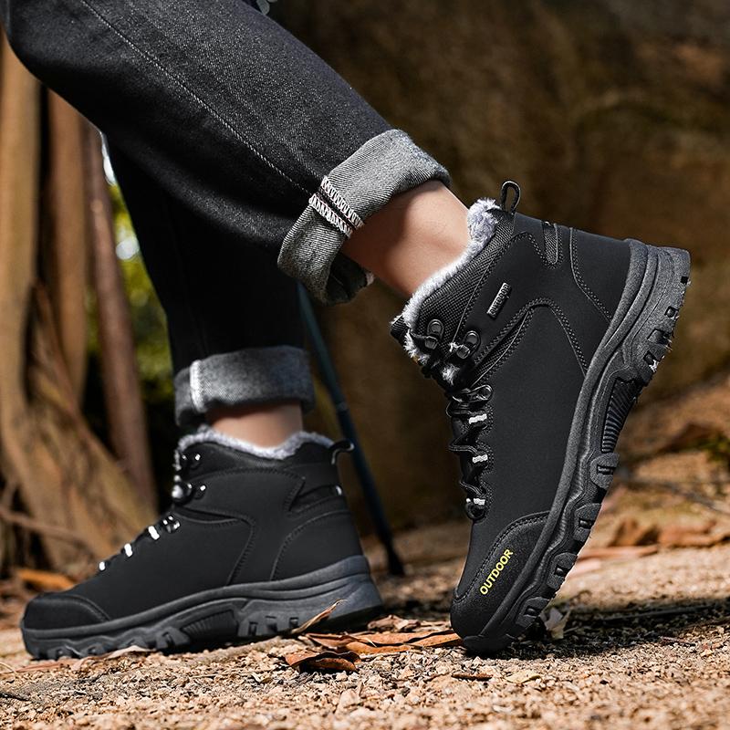 Plush Hiking Shoes Men's PU Leather Snow Boots Anti-slip Winter Warm Outdoor Sneakers Big Size 39-46 Warm High-top Ankle Boots
