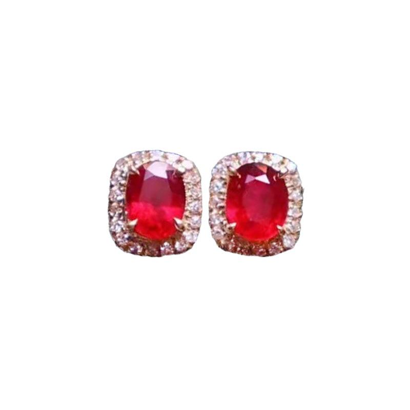 Elegant Gold-Plated Sterling Silver Earrings with Pomegranate Red and White Diamonds