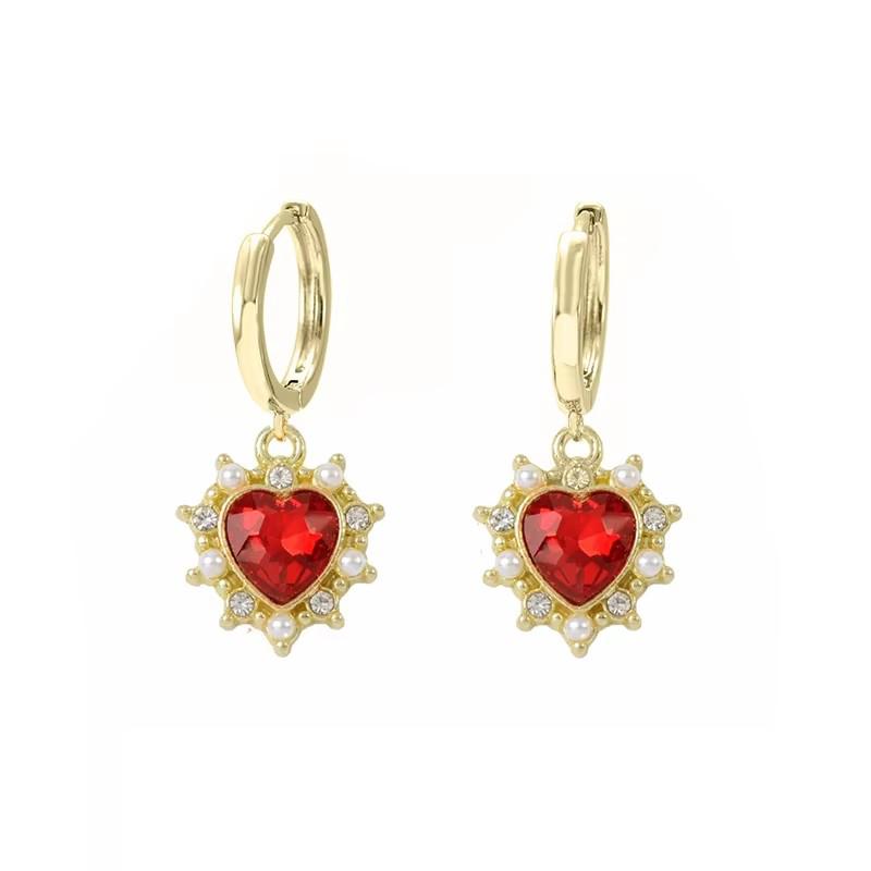 Vintage Red Gemstone Heart Dangle Earrings Gold Plated Baroque Style Pearl Crystal Earrings For Women French Jewelry