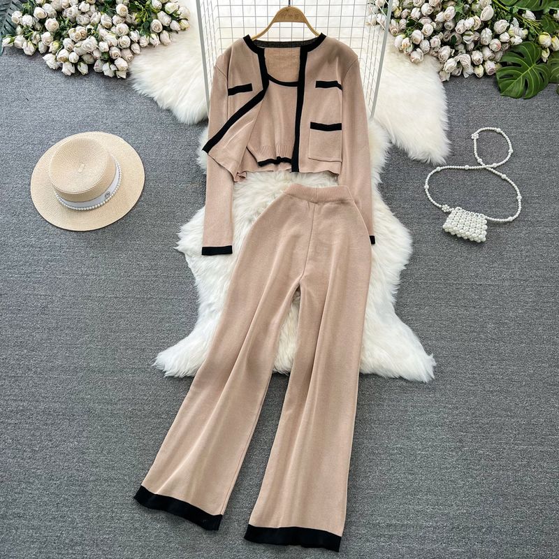 Fashion Suit K-style Long Sleeves Contrast Color Knitting Cardigan Coat Vest Three-Piece Set High Waist Slimming and Straight Loose Pants
