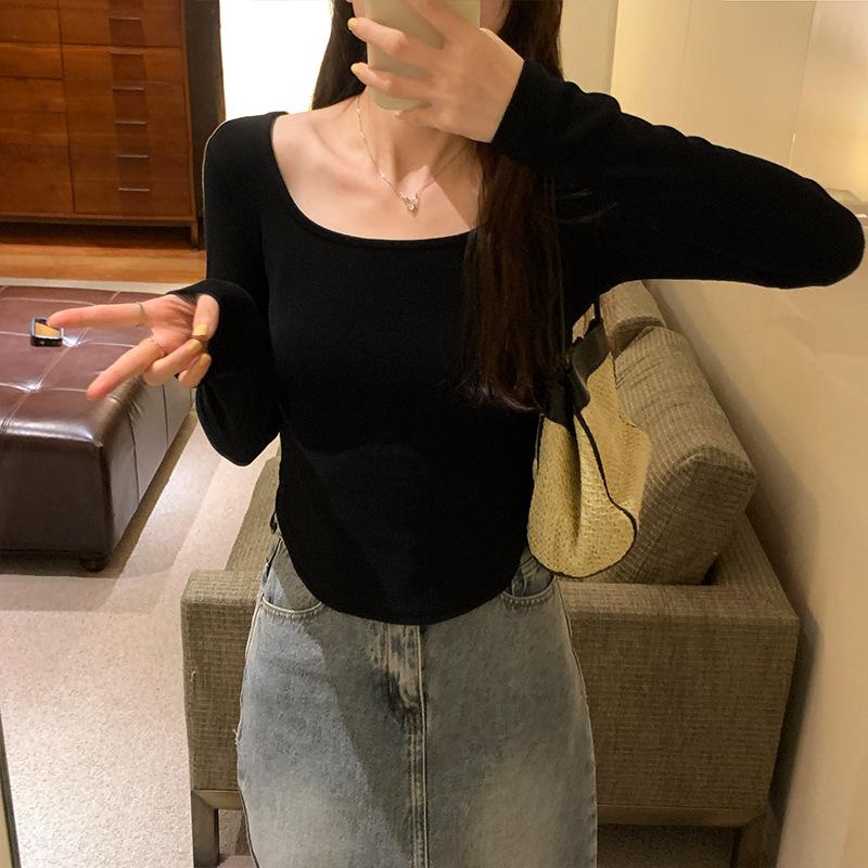 T-shirt à manches longues et col carré pour femme, nouvelle chemise slim fit d'automne, haut polyvalent à intérieur fileté