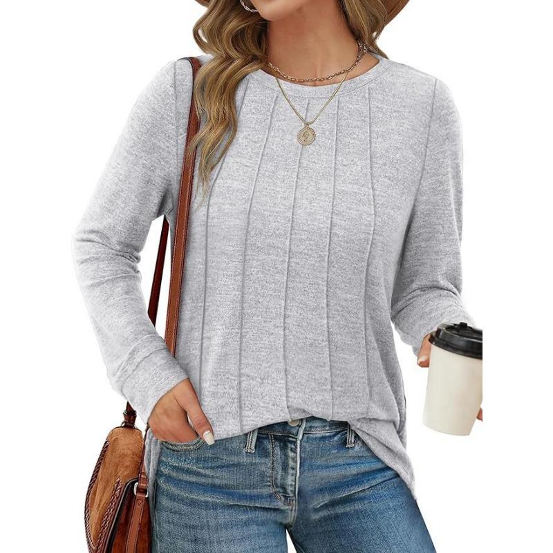 Autumn Winter Long Sleeved Top with Round Neck Pleated Knit Solid Color Loose Fitting Women's T-shirt