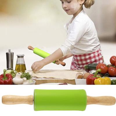2 Pcs Small Rolling Pins Children DIY Baking Tool Food Grade Silicone Non-sticky Wooden Handle Smooth Edge Dumpling Dough Kis Rolling Pins Toy