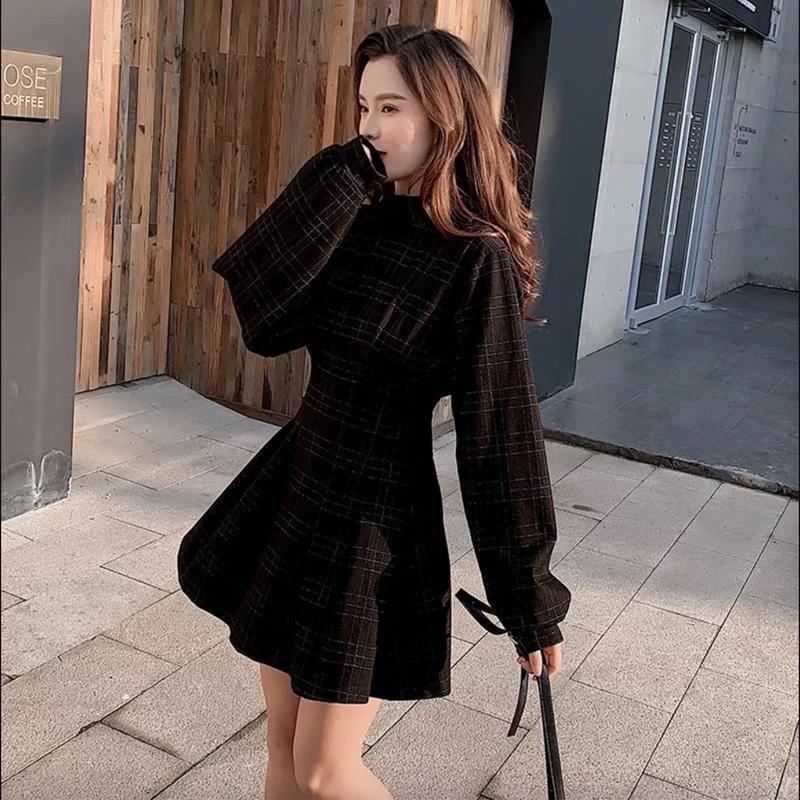 Kaufe Gothic Vintage Schwarz Mini Kleid Ästhetische Elegante Kreuz Anhänger Hohe Taille Kleid Streetwear Langarm Party Kleider zum Preis ab 23