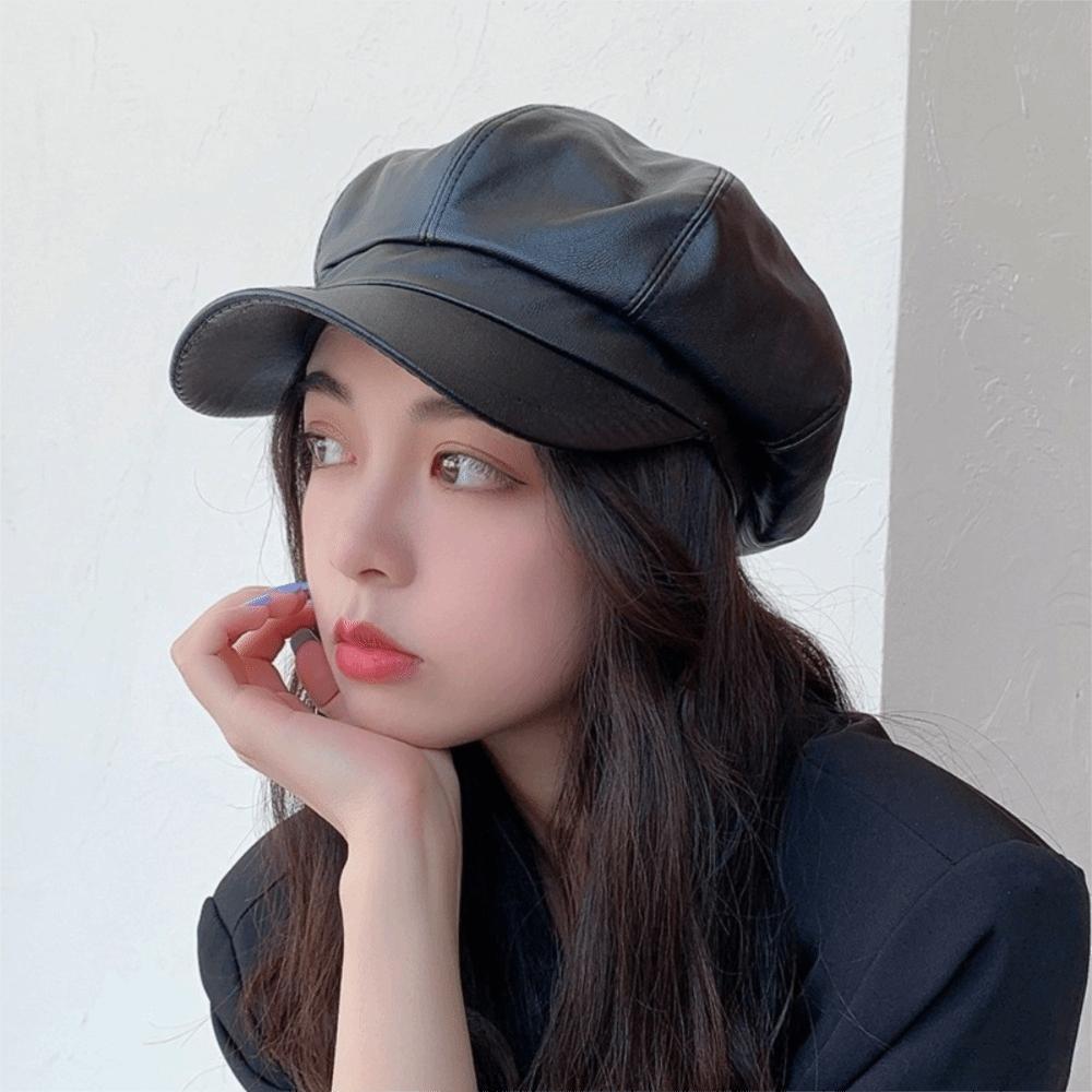British Korean Leather Painter Hat Solid Color Black Octagonal hat JK Vintage PU Beret Cap Casual