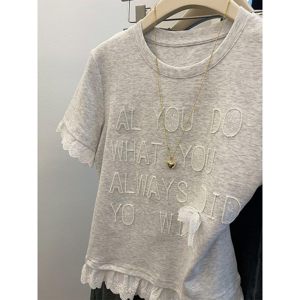 Pure Cotton Gray Lace Splicing Fake Two-piece Short-sleeved T-shirt for Women In Summer Short Slim Tops Ins