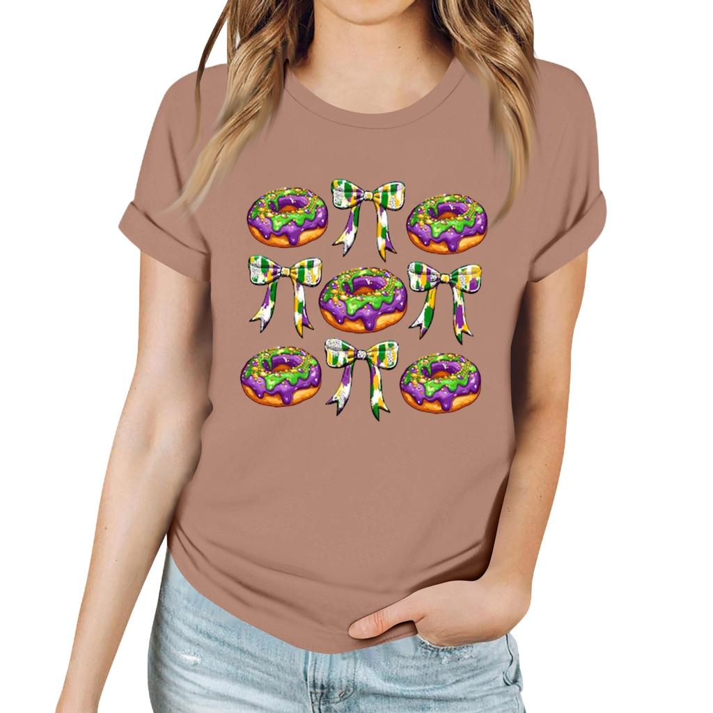 Women's Casual Carnival Print T-Shirt Round Neck Pullover Short Sleeve Top