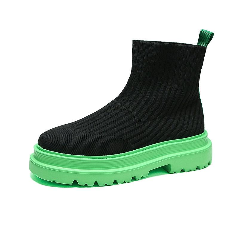 Fashion fried street men's breathable black knitted short boots fluorescent green thick-soled soft-soled personalized eye-catching trendy men's shoes