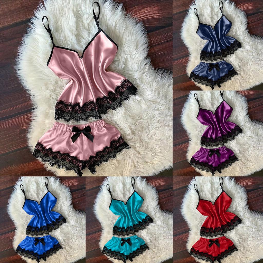 Women V-Neck Eyelash Lace Sexy Stain Camisole Pajamas Bowknot Shorts Set
