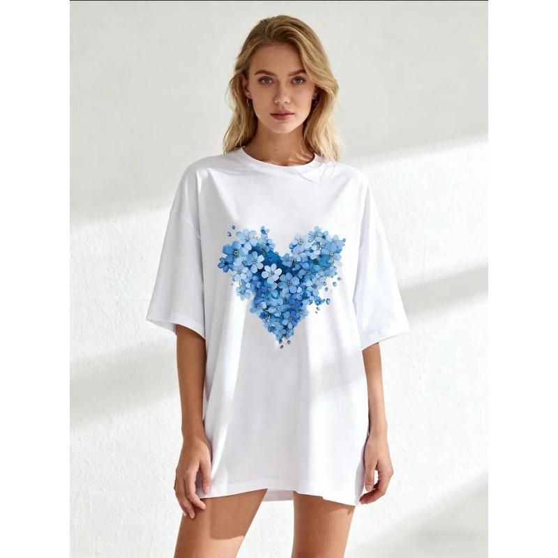 

Women s Short-Sleeve T-Shirt with Heart-Shaped Pattern Made of Blue Flowers Print XXXXL білий