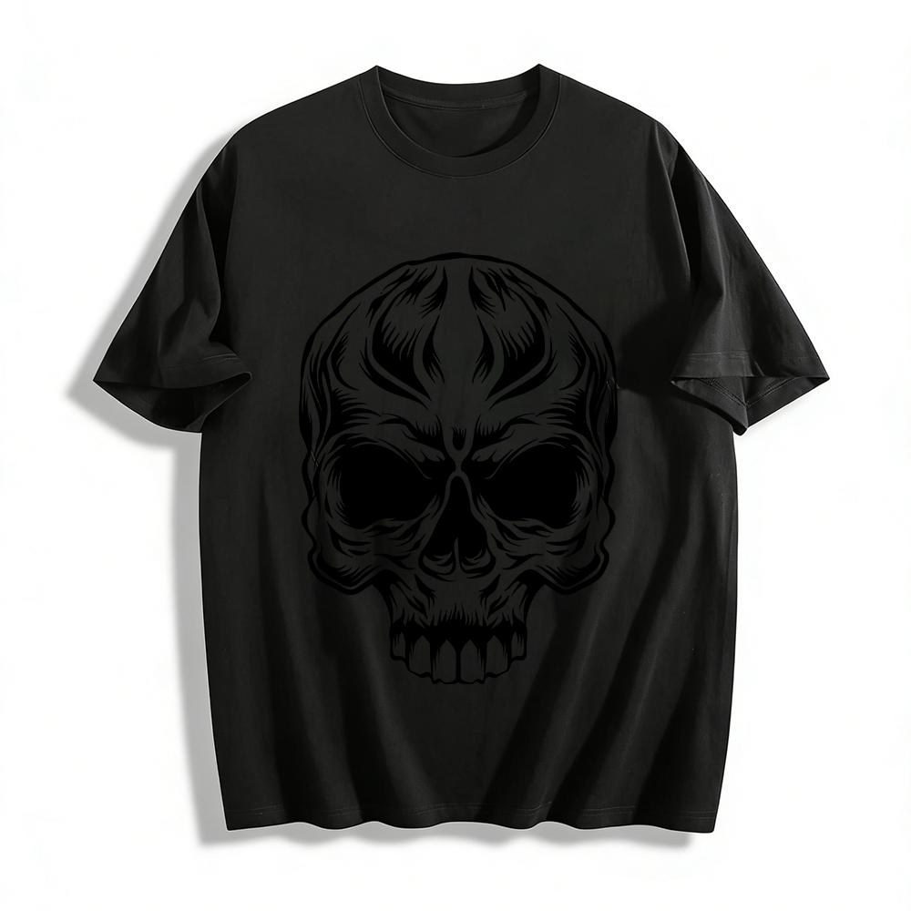 Dark Flame Skull Print Trendy Cool Casual Crew Neck Short Sleeve T-Shirt Pure cotton T-shirt XXS