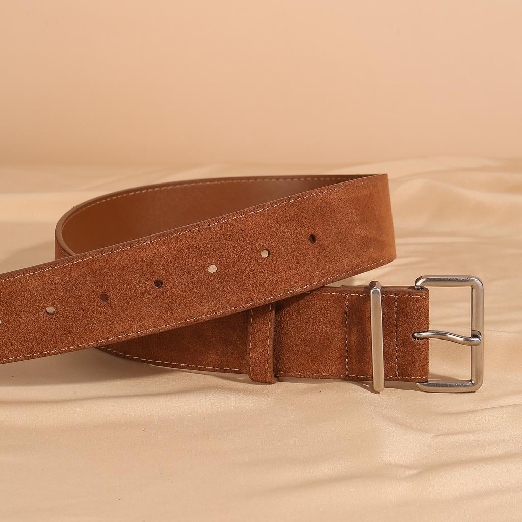 Fashion 4.5cm widened deerskin nubuck women's belt with silver square pin buckle for coat decoration designer