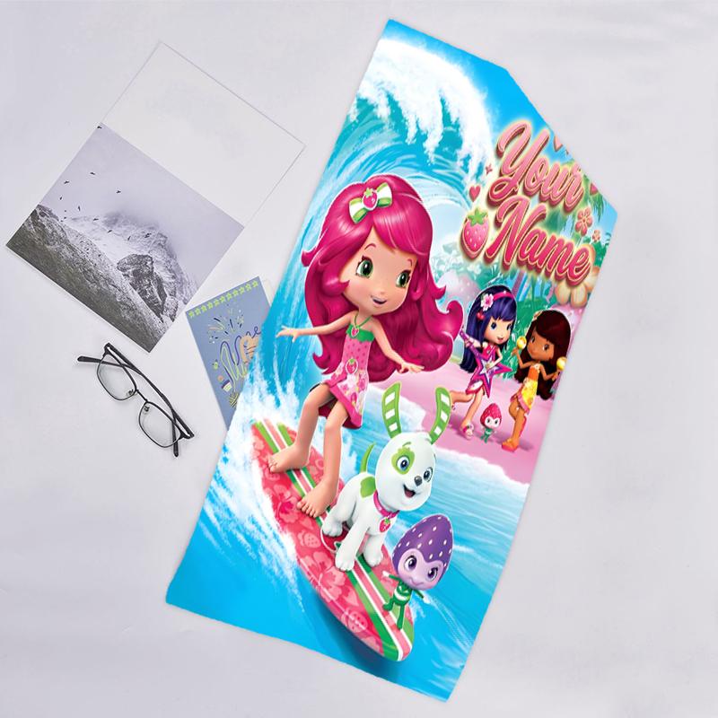 1pc Princess Strawberry Beach Towel with Custom Name, Beach and Seaside Swimming Pool Equipment, Fashion Pattern, Rectangular, Travel Essential