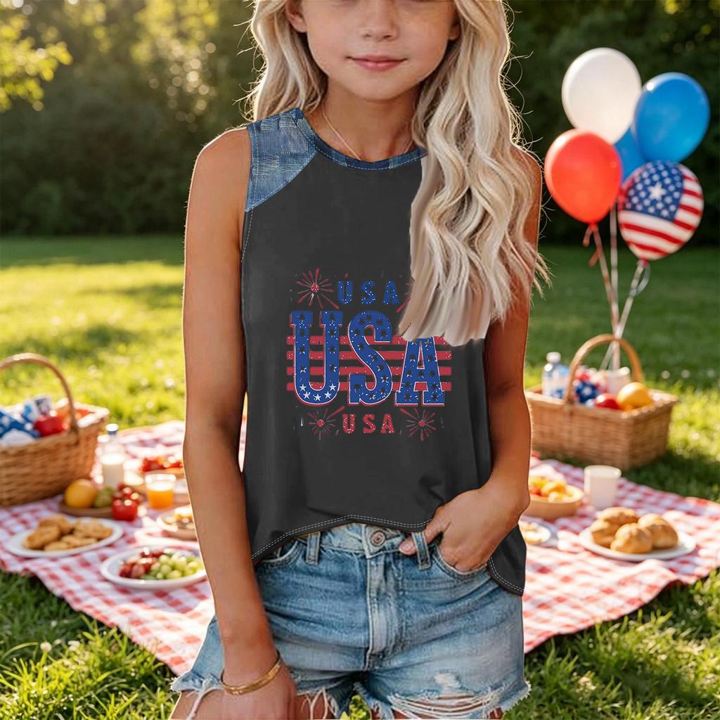 Girls Sleeveless Loose Fit Tank Top Independence Day Firework Print Round Neck Denim Patchwork T Shirt Summer Casual Tee