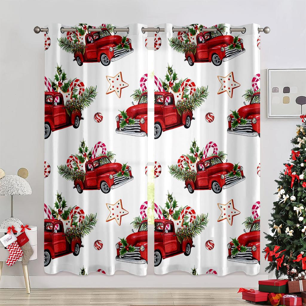 2 Piece Christmas Holiday Red Decorative Curtains Snowman Gift Christmas Tree Living Room Bedroom Balcony Decorative Curtains
