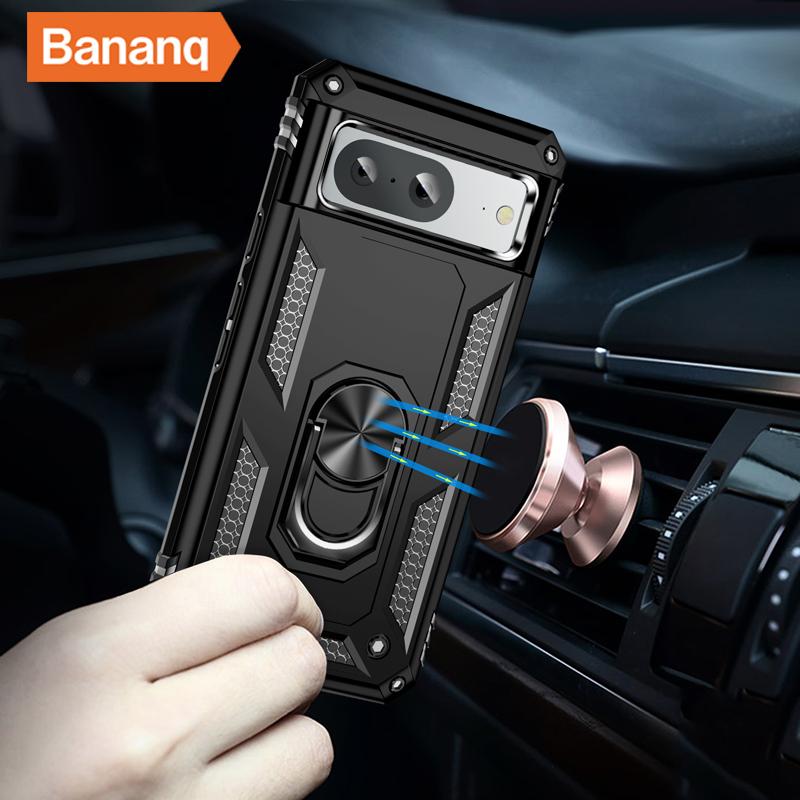 Bananq Custodia Armatura Antiurto in Metallo con Anello da Dito per Google Pixel 9 8 7 6 Pro 8A 7A 6A Supporto Magnetico da Auto Copertura per Telefono