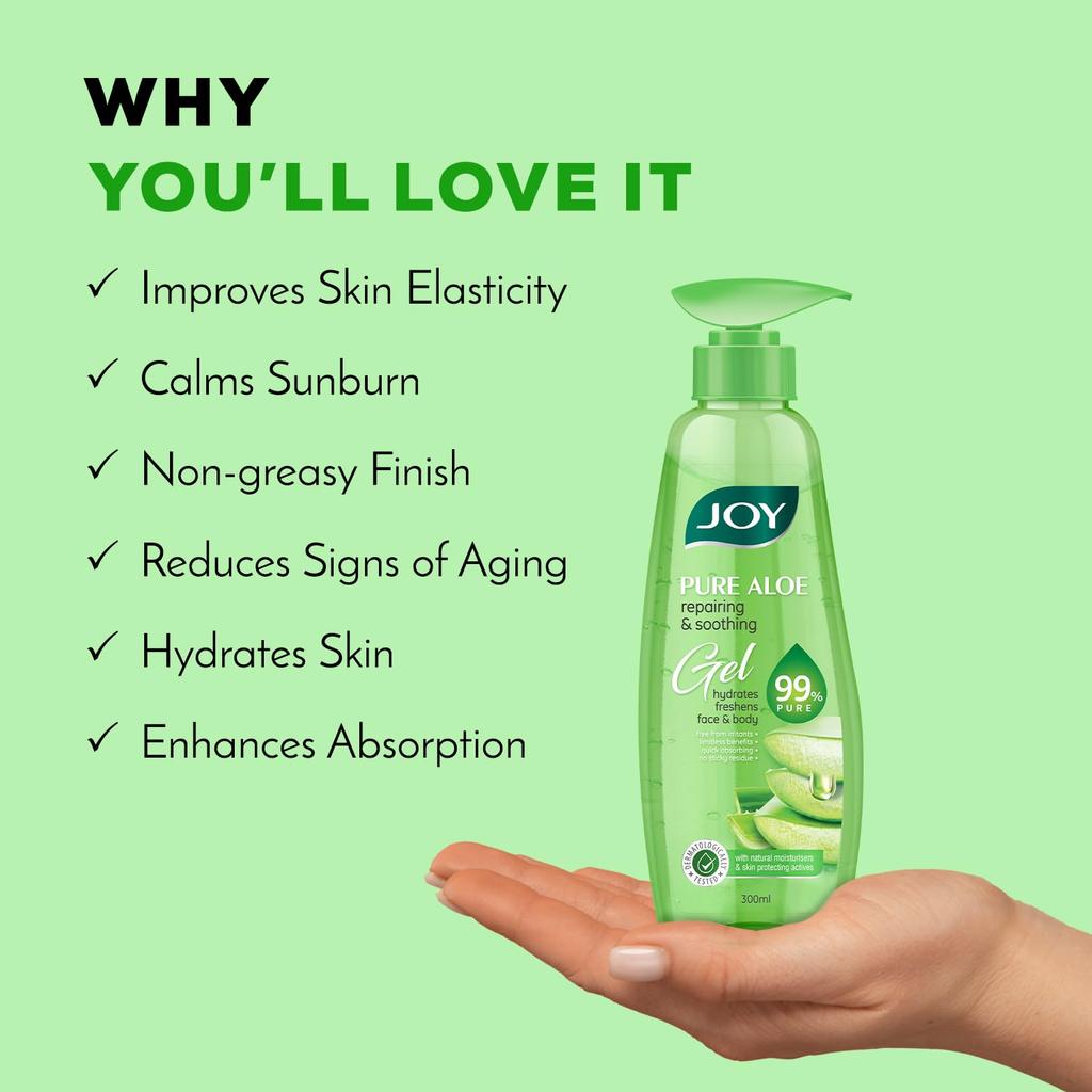 JOY Pure Aloe Vera Gel for Face & Body 300ml | Hydrating Non Sticky Quick Absorbing Skin Moisturiser