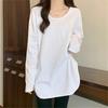 White U-neck Long Sleeve Loose Mid-length Base Shirt for Women with Spring and Autumn Pure Cotton Slit Body Cover Butt Top