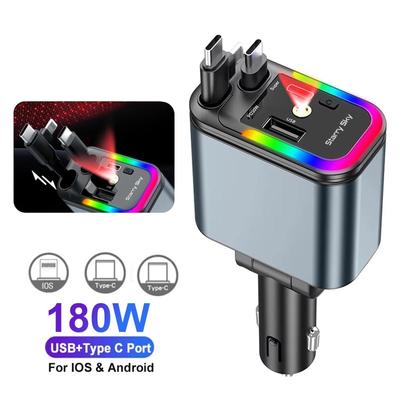Caricabatterie Rapido per Auto 5 in 1 Potenza Totale 180W con Cavo Retrattile Adattatore di Alimentazione USB Tipo-C con Luce Ambientale Colorata e Luce Cielo Stellato per IOS Android