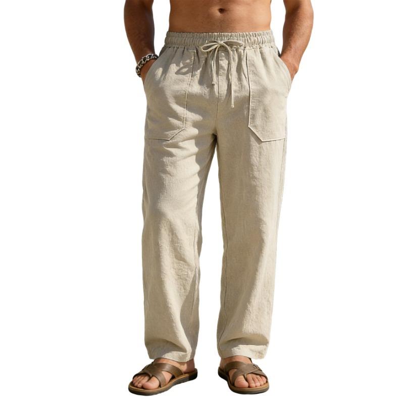 

Men Drawstring Waist Loose Straight Leg Casual Beach Linen Long Pants S хаки