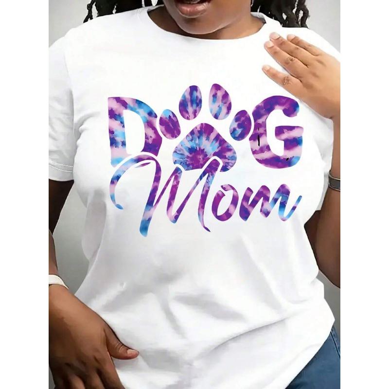 Plus Size, Plus-size Women s Summer Clothing Tie-dye Dog Mom Gift for Dog Lovers Paw Print T-shirt S белый