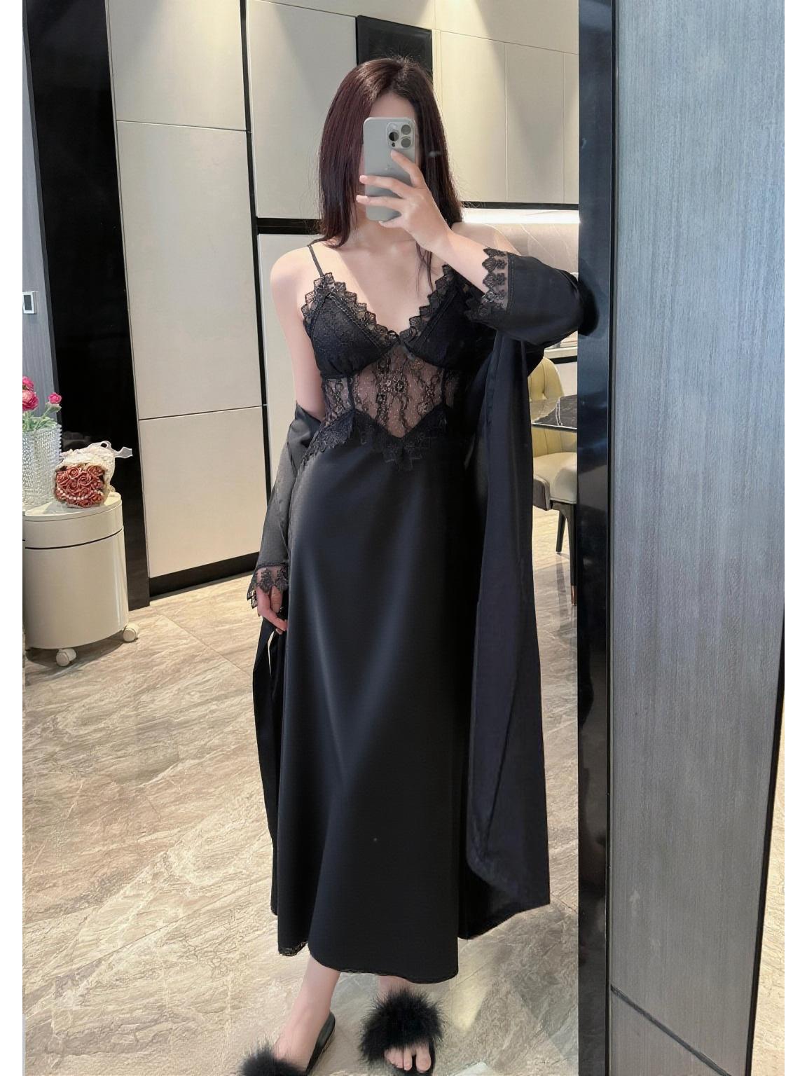 Elegant Backless Ice Silk Nightgown & Lace Camisole Set - Summer 2026 Collection XL черный (длинный)