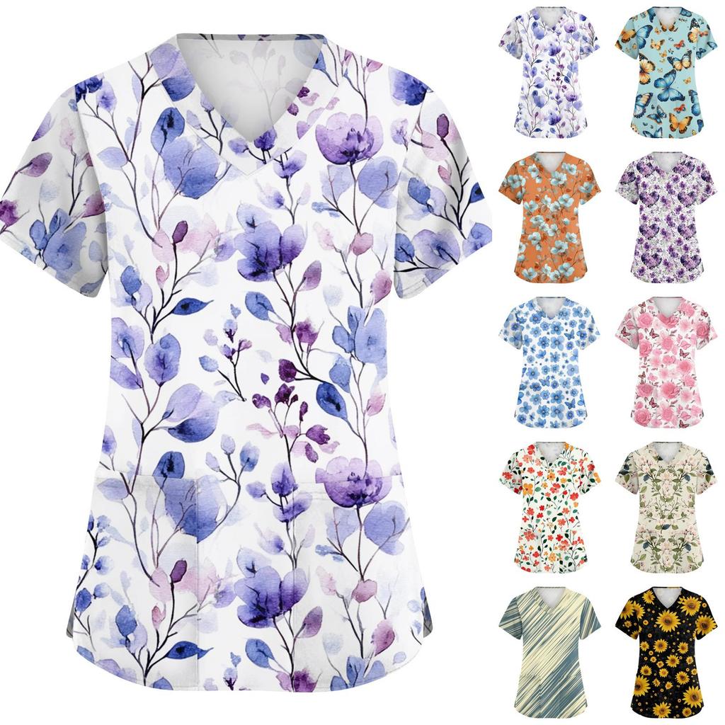 Women's Fashionable V-neck Workwear Printed Short Sleeved Pocket Side Slit Workwear Basic Pullover Top