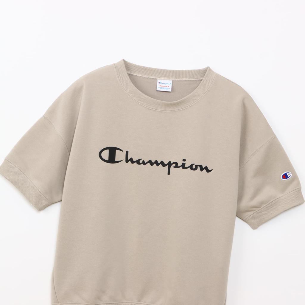 Champion Terry Short Sleeve Crew Neck Script TECH Sand Beige Women's Sweatshirt, Quick-Drying, Stretch, Logo, Weave® (CW-BS002),
